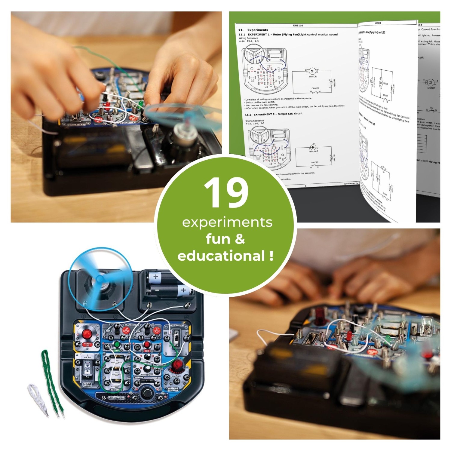 Edukacinis elektronikos rinkinys su 19 eksperimentų (EN kalba) LED, fan & sound Velleman aprašymas - Prekės nuotrauka