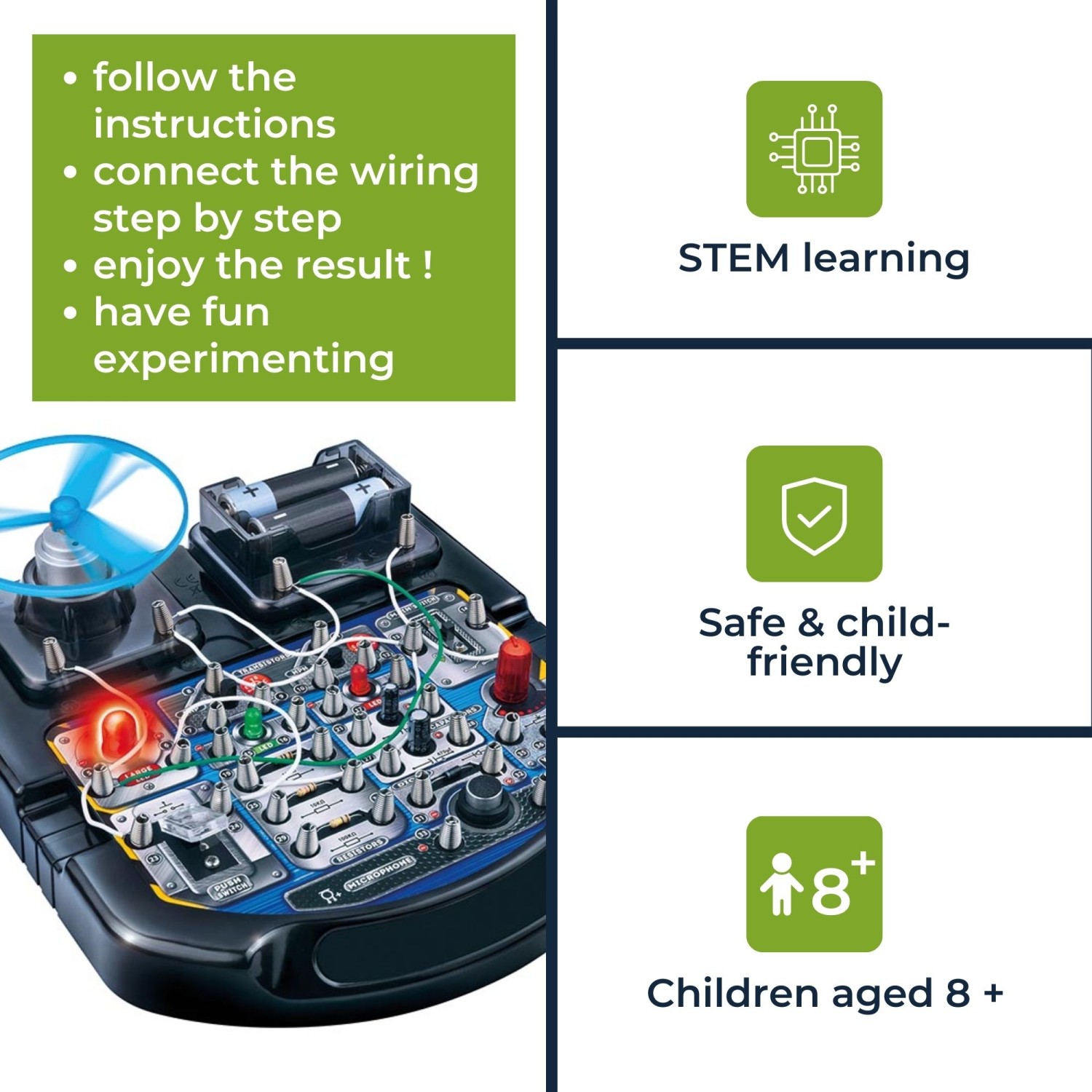 Edukacinis elektronikos rinkinys su 19 eksperimentų (EN kalba) LED, fan & sound Velleman aprašymas - Prekės nuotrauka