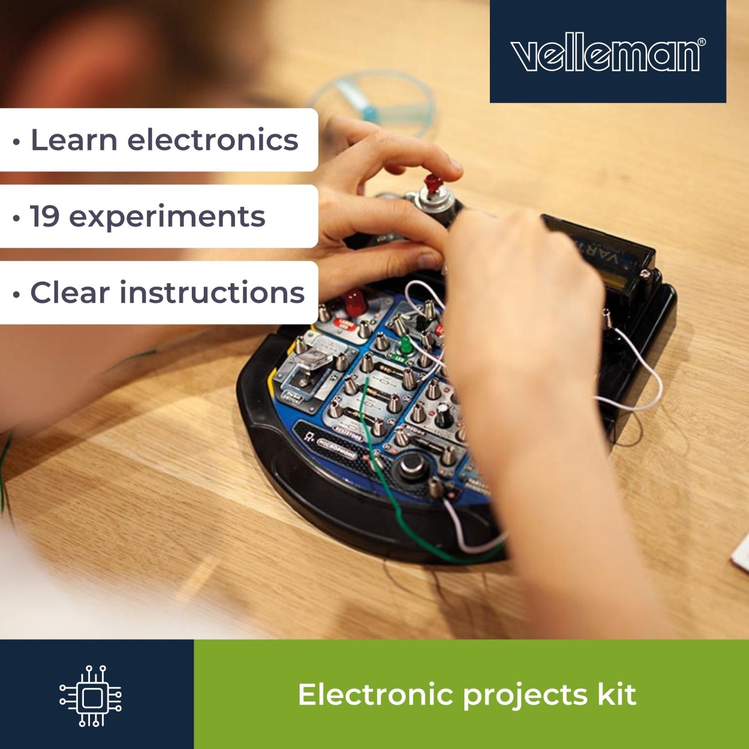Edukacinis elektronikos rinkinys su 19 eksperimentų (EN kalba) LED, fan & sound Velleman aprašymas - Prekės nuotrauka
