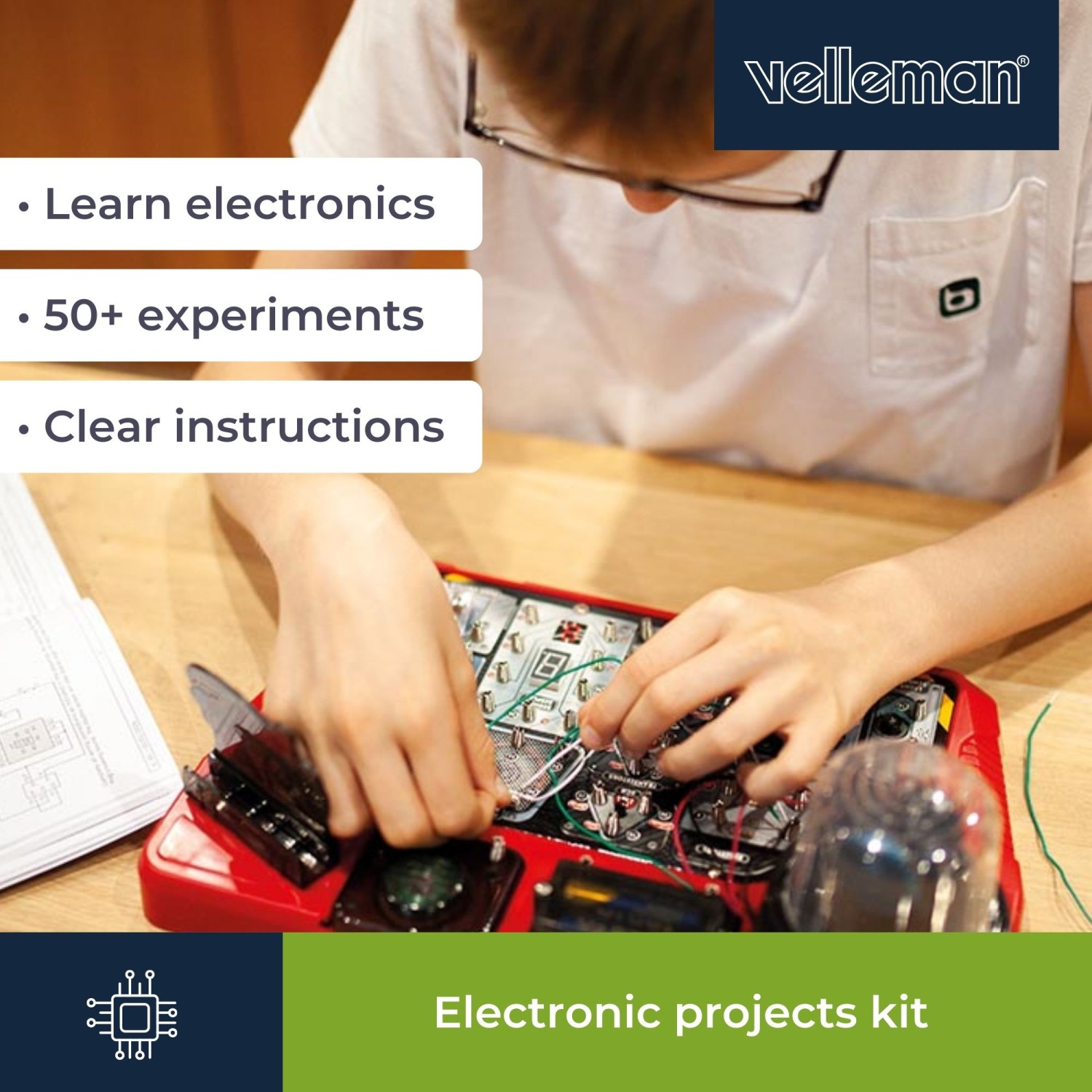 Edukacinis elektronikos rinkinys su 50 eksperimentų (EN kalba) elekroninės grandinės Velleman aprašymas - Prekės nuotrauka