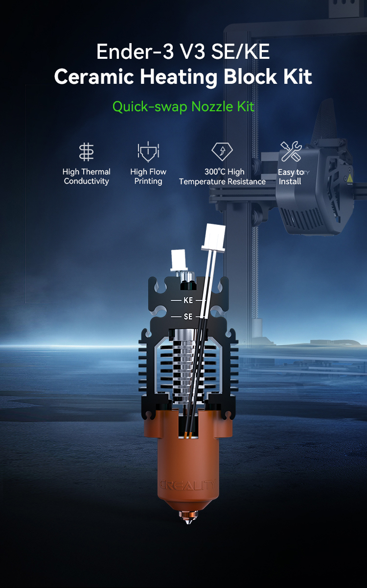 Ender-3V3 SE/KE kaitintuvo (Heating Block) atnaujintas komplektas skirtas naudoti su „Unicorn” purkštukais CREALITY aprašymas - Prekės nuotrauka