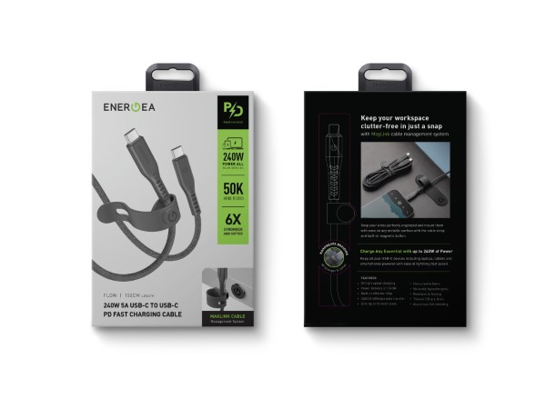 ENERGEA Flow USB-C į USB-C laidas 1,5 m juodos spalvos 240 W 5 A PD greitasis įkrovimas aprašymas - Prekės nuotrauka
