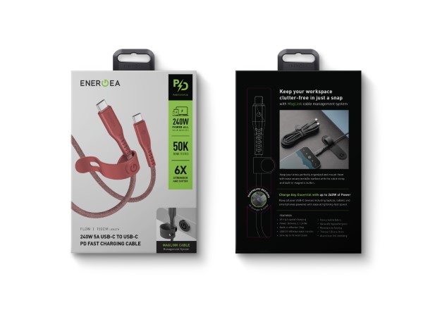 ENERGEA Flow USB-C į USB-C laidas 1.5m Raudona 240W 5A PD greitas įkrovimas aprašymas - Prekės nuotrauka