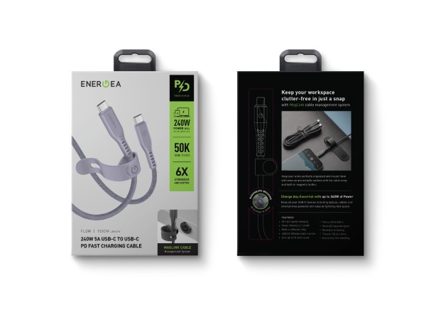 ENERGEA Flow USB-C į USB-C laidas 1.5m violetinės spalvos 240W 5A PD greitas įkrovimas aprašymas - Prekės nuotrauka