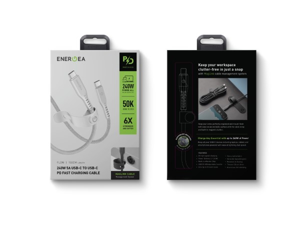 ENERGEA Flow USB-C į USB-C laidas 1.5m Baltas 240W 5A PD greitas įkrovimas aprašymas - Prekės nuotrauka
