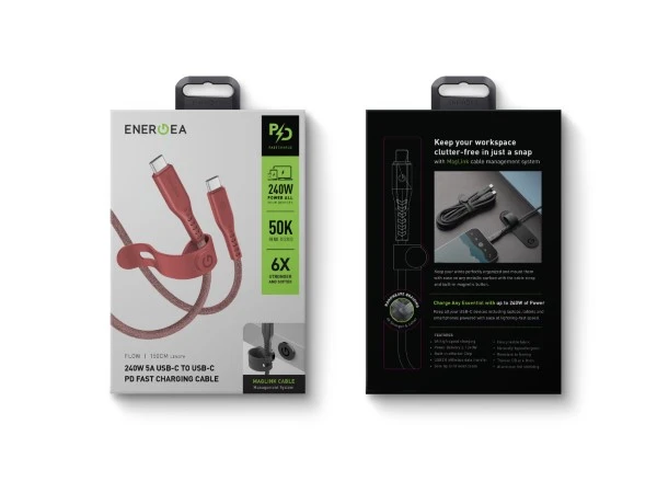 ENERGEA kabelis Flow USB-C - USB-C1.5m raudonos spalvos 240W 5A PD Fast Charge aprašymas - Prekės nuotrauka