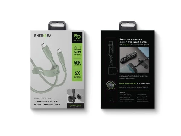 ENERGEA kabelis Flow USB-C - USB-C1.5m žalios spalvos 240W 5A PD Fast Charge aprašymas - Prekės nuotrauka