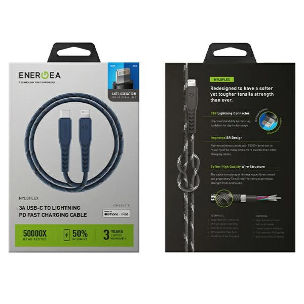 ENERGEA kabelis Nyloflex USB-C - LightningC94 MFI 1.5m mėlynos spalvos aprašymas - Prekės nuotrauka ENERGEA kabelis Nyloflex USB-C - LightningC94 MFI 1.5m mėlynos spalvos aprašymas - Prekės nuotrauka