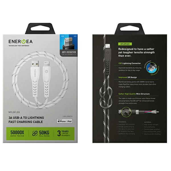 ENERGEA kabelis Nyloflex USB-C - LightningC94 MFI 1.5m baltos spalvos aprašymas - Prekės nuotrauka ENERGEA kabelis Nyloflex USB-C - LightningC94 MFI 1.5m baltos spalvos aprašymas - Prekės nuotrauka