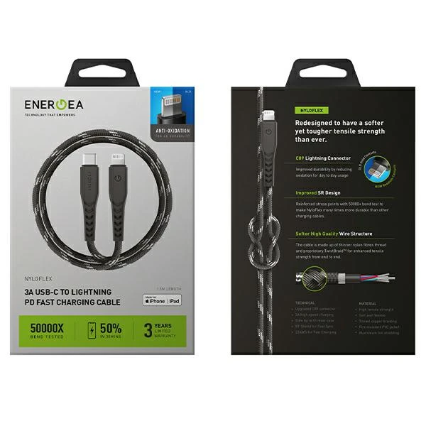 ENERGEA kabelis Nyloflex USB-C - LightningC94 MFI 3m juodos spalvos aprašymas - Prekės nuotrauka