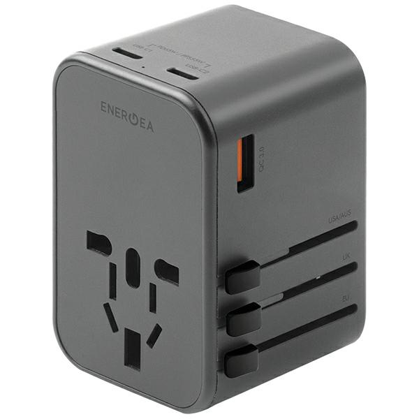 ENERGEA Laidinis įkroviklis 1xUSB + 2xUSB-C PD-PPS-QC 3.0 65W 1A2C 4-in-1 Adapteris US/AU/EU/UK Gunmetal Trav aprašymas - Prekės nuotrauka