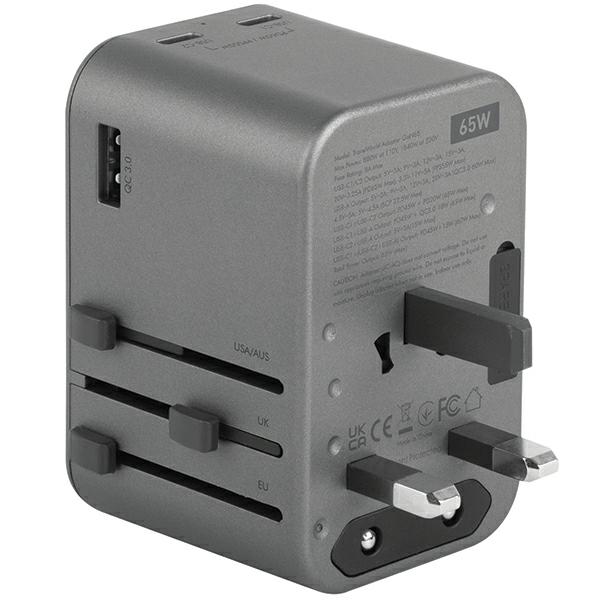 ENERGEA Laidinis įkroviklis 1xUSB + 2xUSB-C PD-PPS-QC 3.0 65W 1A2C 4-in-1 Adapteris US/AU/EU/UK Gunmetal Trav aprašymas - Prekės nuotrauka