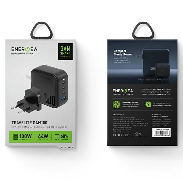 ENERGEA laidinis įkroviklis 1xUSB+3xUSB-CPD-PPS-QC 3.0 100W 3C1A juodos spalvos US+EU Travelite GAN100 aprašymas - Prekės nuotrauka