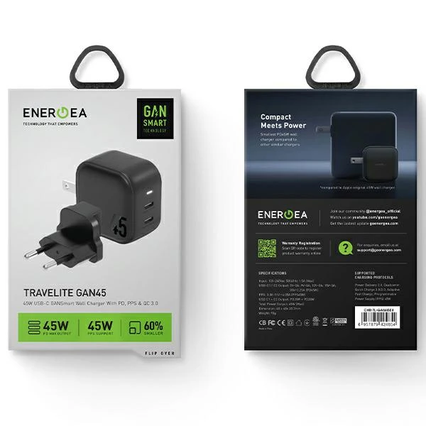 ENERGEA laidinis įkroviklis 2xUSB-C PD-PPS 45W2C juodos spalvos US+EU Travelite GAN45 aprašymas - Prekės nuotrauka ENERGEA laidinis įkroviklis 2xUSB-C PD-PPS 45W2C juodos spalvos US+EU Travelite GAN45 aprašymas - Prekės nuotrauka