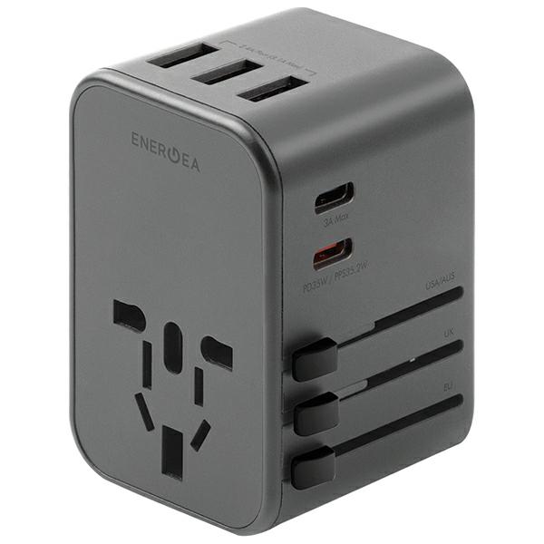 ENERGEA Laidinis įkroviklis 3xUSB + 2xUSB-C PD-PPS-QC 3.0 35.5W 3A2C 4-in-1 Adapteris US/AU/EU/UK Gunmetal Tr aprašymas - Prekės nuotrauka