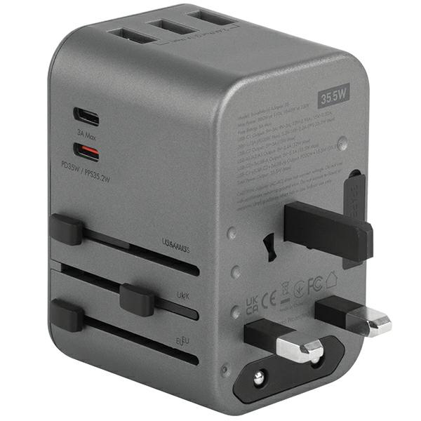 ENERGEA Laidinis įkroviklis 3xUSB + 2xUSB-C PD-PPS-QC 3.0 35.5W 3A2C 4-in-1 Adapteris US/AU/EU/UK Gunmetal Tr aprašymas - Prekės nuotrauka