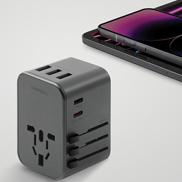 ENERGEA Laidinis įkroviklis 3xUSB + 2xUSB-C PD-PPS-QC 3.0 35.5W 3A2C 4-in-1 Adapteris US/AU/EU/UK Gunmetal Tr aprašymas - Prekės nuotrauka