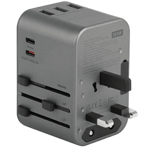 ENERGEA laidinis įkroviklis 3xUSB+2xUSB-CPD-PPS-QC 3.0 35.5W 3A2C adapteris 4in1 US/UA/EU/UK pilkos spalvosl Travelworld aprašymas - Prekės nuotrauka