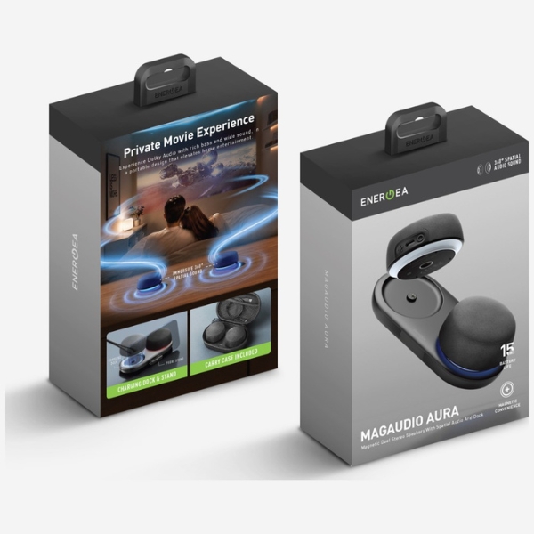 Kompiuterio kolonėlės Energea Magaudio Aura dvigubi „Bluetooth“ garsiakalbiai su prijungimo stotele, juodi aprašymas - Prekės nuotrauka