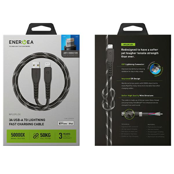 ENERGEA Nyloflex USB – Lightning laidas įkrovimui ir duomenų sinchronizavimui C89 MFI 1.5m juodos spalvos aprašymas - Prekės nuotrauka