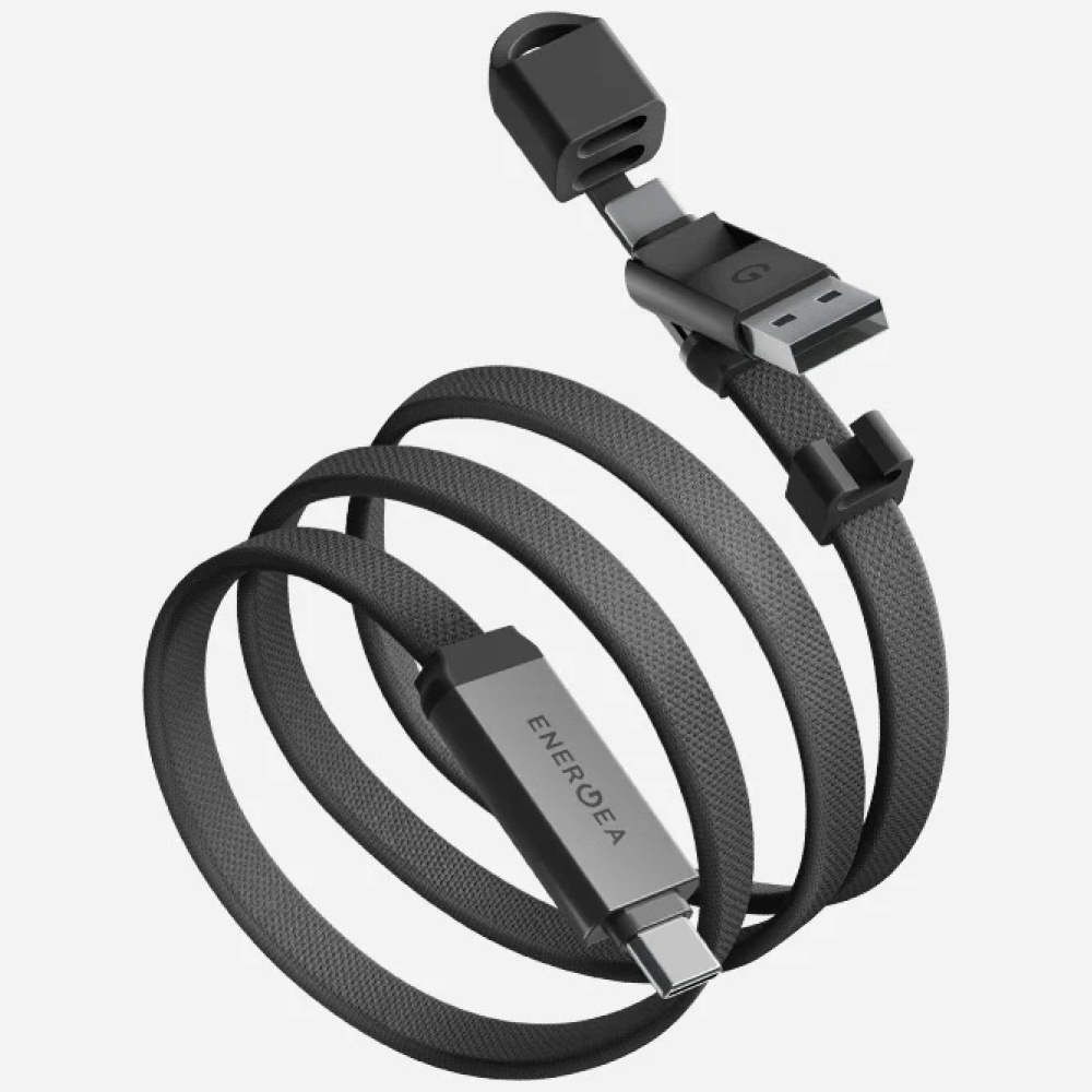 Energea Sheath Travel 2-in-1 laidas USB-C į USB-C/USB-A 480Mbps 60W 1.2m gunmetal aprašymas - Prekės nuotrauka