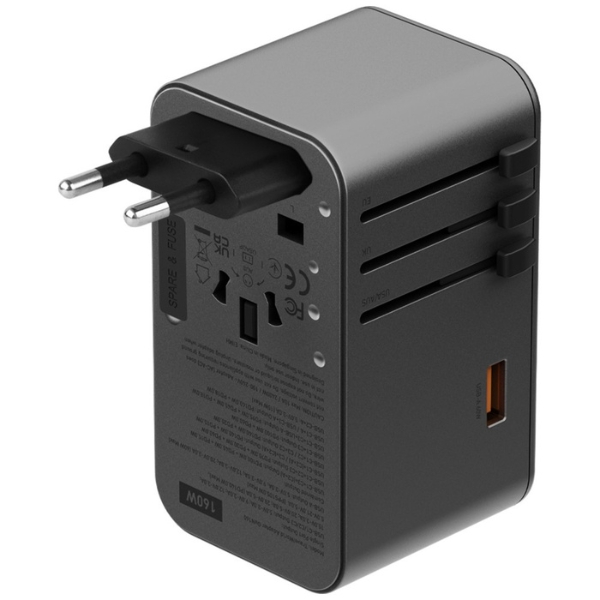 Energea TravelWorld adapteris GaN 160W PD 3x USB-C / USB-A Gunmetal sieninis įkroviklis aprašymas - Prekės nuotrauka