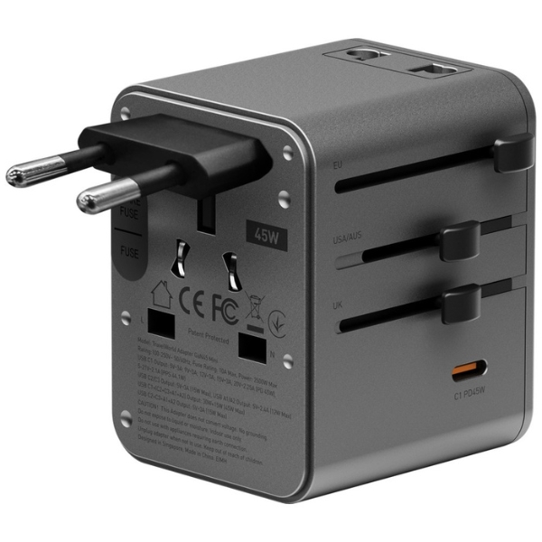 Energea TravelWorld Mini GaN 45W PD sieninis įkroviklis 3x USB-C / 2x USB-A Gunmetal aprašymas - Prekės nuotrauka