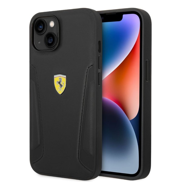 Ferrari FEHCP14MRBUK Apple iPhone 14 Plus / 15 Plus 6.7″ juodos spalvos kietas dėklas Leather Stamp Sides aprašymas - Prekės nuotrauka