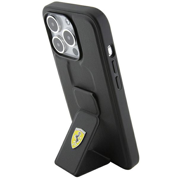 Ferrari FEHCP15LGSPSIK iPhone 15 Pro 6.1″ juodos spalvos kietas dėklas Grip Stand Metal Logo aprašymas - Prekės nuotrauka