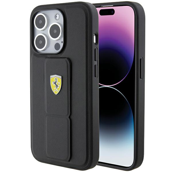 Ferrari FEHCP15LGSPSIK iPhone 15 Pro 6.1″ juodos spalvos kietas dėklas Grip Stand Metal Logo aprašymas - Prekės nuotrauka