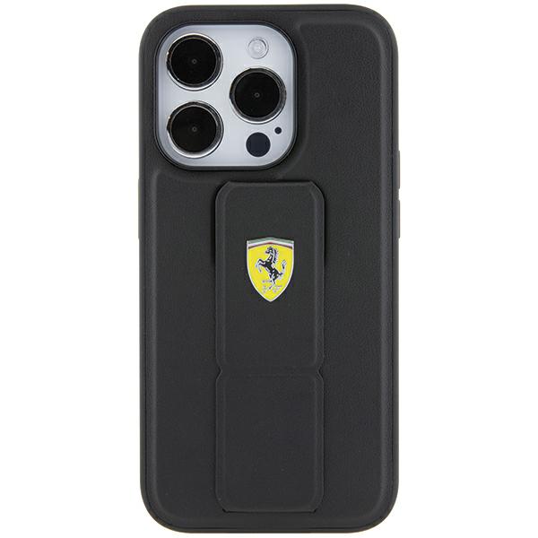 Ferrari FEHCP15LGSPSIK iPhone 15 Pro 6.1″ juodos spalvos kietas dėklas Grip Stand Metal Logo aprašymas - Prekės nuotrauka