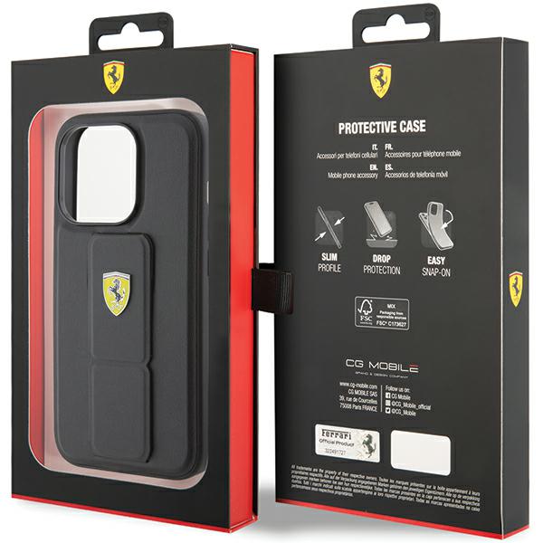 Ferrari FEHCP15LGSPSIK iPhone 15 Pro 6.1″ juodos spalvos kietas dėklas Grip Stand Metal Logo aprašymas - Prekės nuotrauka