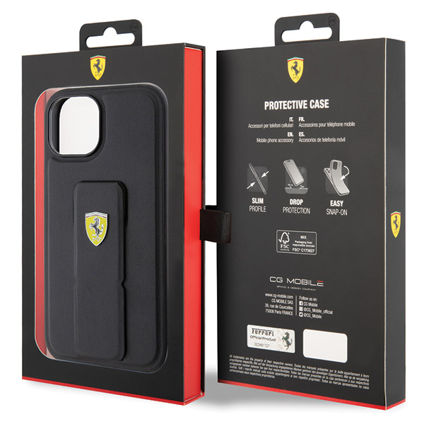 Ferrari FEHCP15SGSPSIK Apple iPhone 15 / 14 /13 6.1″ juodos spalvos kietas dėklas Grip Stand Metal Logo aprašymas - Prekės nuotrauka