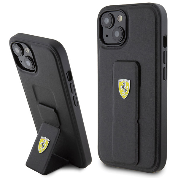 Ferrari FEHCP15SGSPSIK Apple iPhone 15 / 14 /13 6.1″ juodos spalvos kietas dėklas Grip Stand Metal Logo aprašymas - Prekės nuotrauka