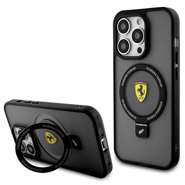 Ferrari FEHMP15MUSCAK iPhone 15 Plus / 14 Plus 6.7″ juodos spalvos kietas dėklas su žiediniu stovu 2023 Collection aprašymas - Prekės nuotrauka