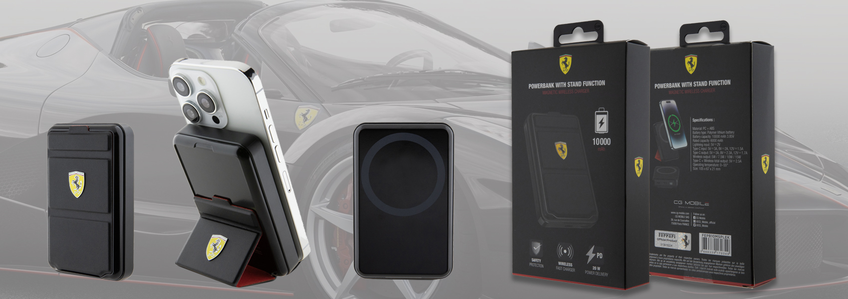 Ferrari Powerbank belaidis 15WFEPB10MSPLEK 10000 mAh su stovo funkcija, juodos spalvos, Metal Logo MagS aprašymas - Prekės nuotrauka