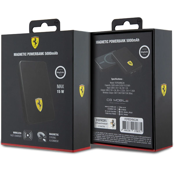 Ferrari Powerbank FEPB5MNCAK 15W 5000mAh juodos spalvos Metal Logo MagSafe aprašymas - Prekės nuotrauka Ferrari Powerbank FEPB5MNCAK 15W 5000mAh juodos spalvos Metal Logo MagSafe aprašymas - Prekės nuotrauka
