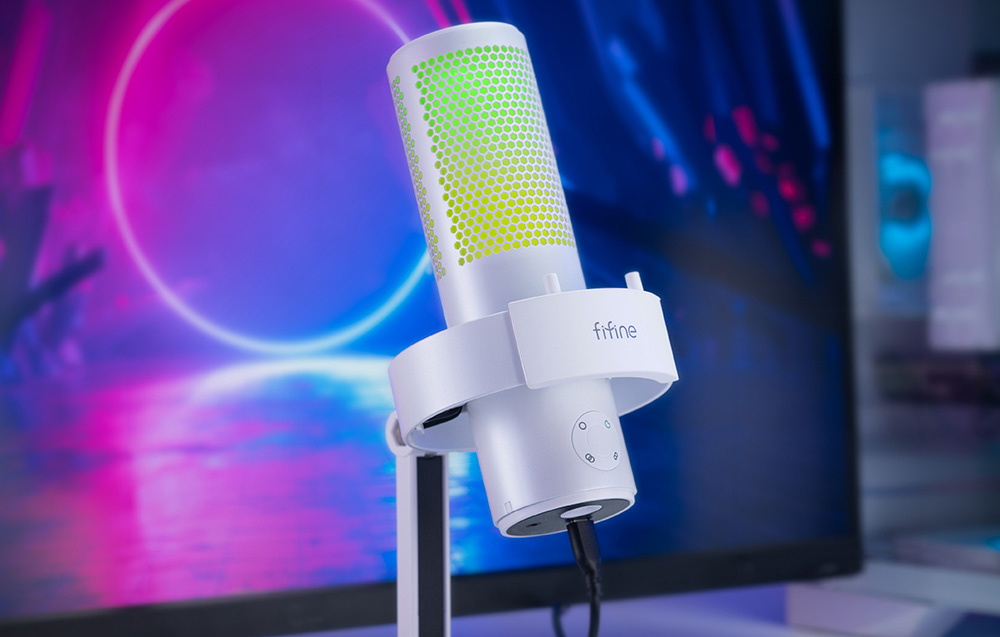 Fifine A9W studijinis mikrofonas su stovu, baltos spalvos aprašymas - Prekės nuotrauka