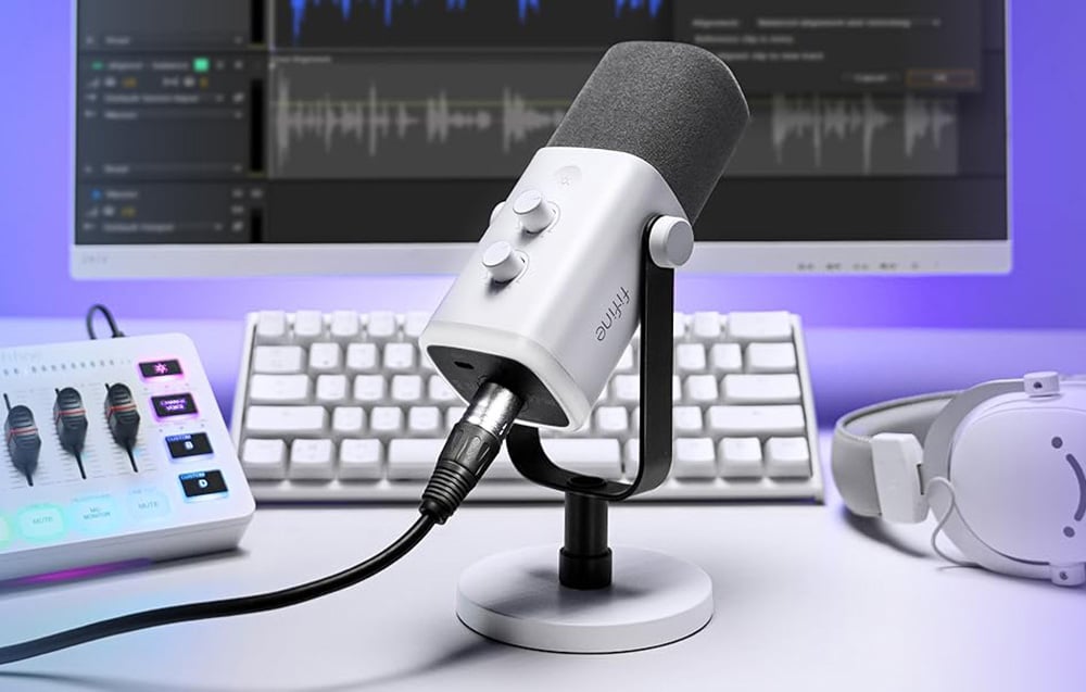Fifine AM8W dynamic microphone with stand baltos spalvos aprašymas - Prekės nuotrauka