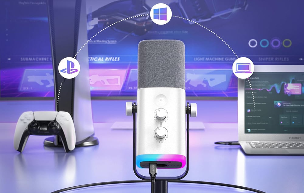 Fifine AM8W dynamic microphone with stand baltos spalvos aprašymas - Prekės nuotrauka