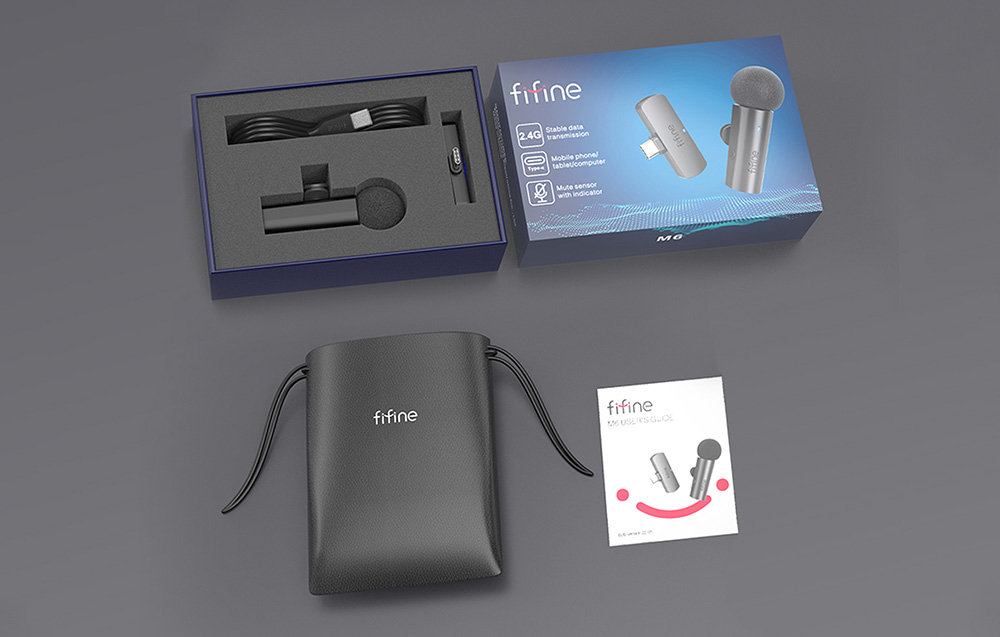 Fifine M6 USB-C belaidis prisegamas mikrofonas, juodos spalvos aprašymas - Prekės nuotrauka