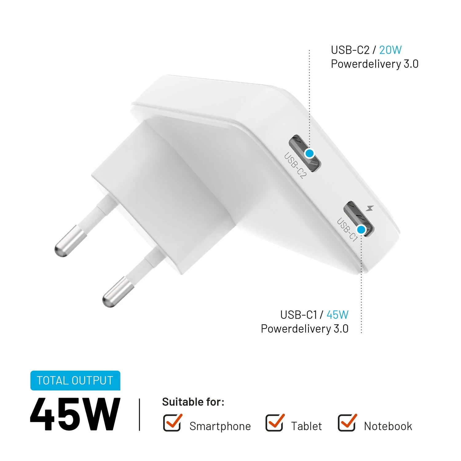 FIXED Slim 2xUSB-C laidinis įkroviklis GaN, PD, 45W, baltos spalvos aprašymas - Prekės nuotrauka FIXED Slim 2xUSB-C laidinis įkroviklis GaN, PD, 45W, baltos spalvos aprašymas - Prekės nuotrauka