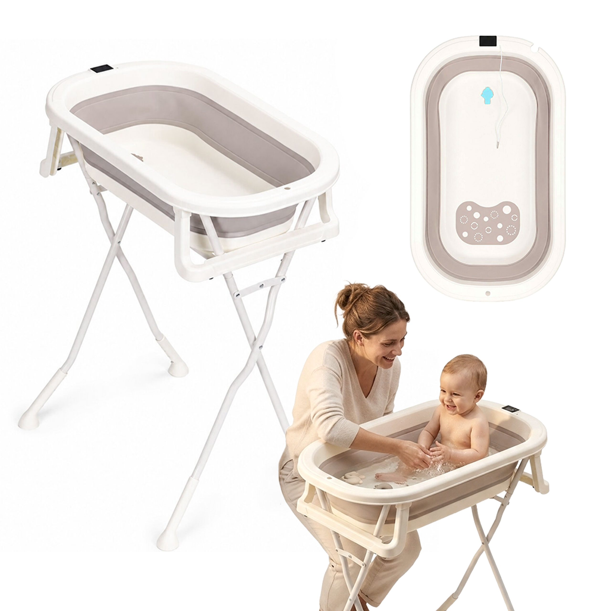 Foldable baby bathtub on stand with drain and LCD thermometer ECOTOYS aprašymas - Prekės nuotrauka