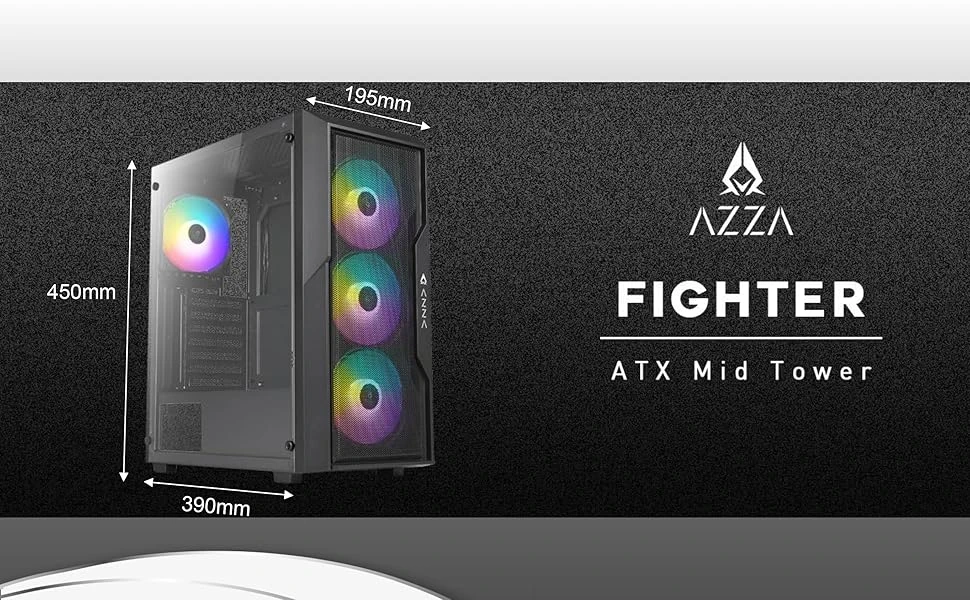 ŽAIDIMŲ kompiuterio korpusas AZZA FIGHTER 290, su 4xARGB ventiliatoriumi, ATX, grūdinto stiklo šoninis langas, be maitinimo bloko (apačioje), CSAZ-290 aprašymas - Prekės nuotrauka