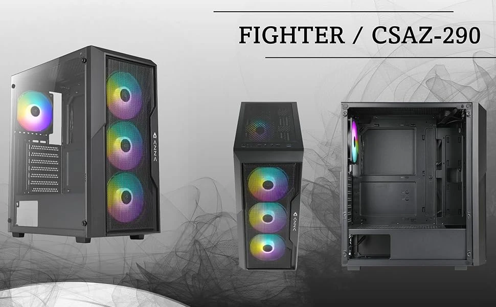 ŽAIDIMŲ kompiuterio korpusas AZZA FIGHTER 290, su 4xARGB ventiliatoriumi, ATX, grūdinto stiklo šoninis langas, be maitinimo bloko (apačioje), CSAZ-290 aprašymas - Prekės nuotrauka
