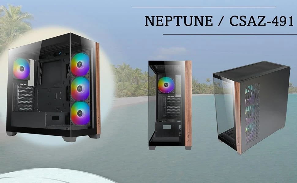 GAMING kompiuterio korpusas AZZA Neptun 491, su 4xARGB ventiliatorius, ATX, šoninis/priekinis stiklas iš grūdinto stiklo, Be maitinimo šaltinio (apačioje), CSAZ-491 aprašymas - Prekės nuotrauka