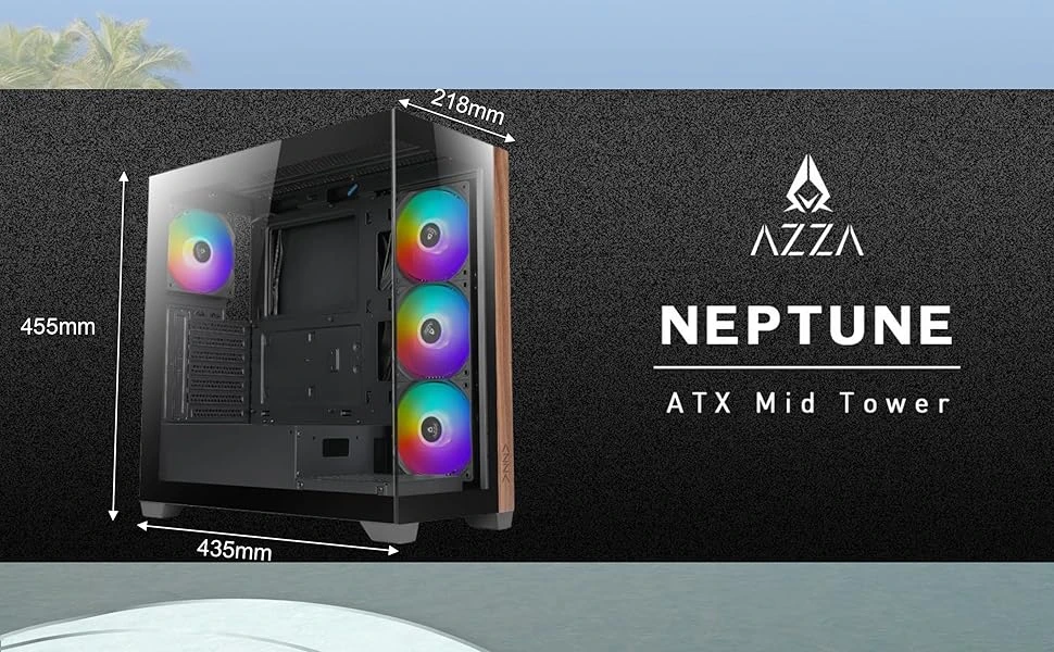 GAMING kompiuterio korpusas AZZA Neptun 491, su 4xARGB ventiliatorius, ATX, šoninis/priekinis stiklas iš grūdinto stiklo, Be maitinimo šaltinio (apačioje), CSAZ-491 aprašymas - Prekės nuotrauka