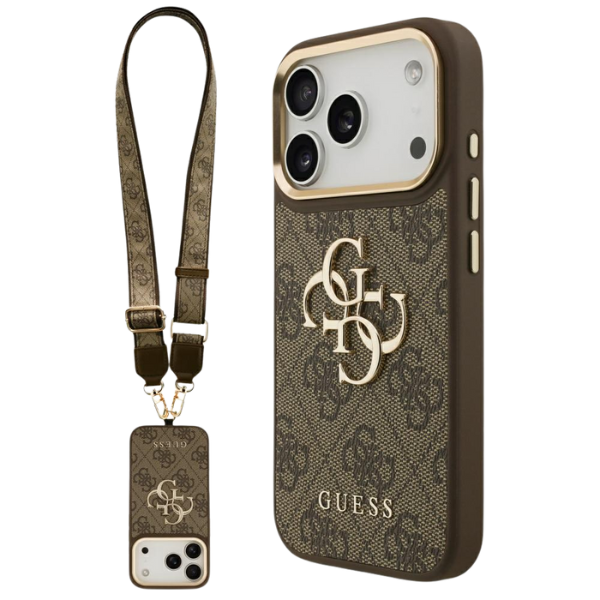 Guess 4G Big 4G Classic Logo Big Strap Metal Mygtukai dėklas skirtas Apple iPhone 17 Pro Brown aprašymas - Prekės nuotrauka Guess 4G Big 4G Classic Logo Big Strap Metal Mygtukai dėklas skirtas Apple iPhone 17 Pro Brown aprašymas - Prekės nuotrauka