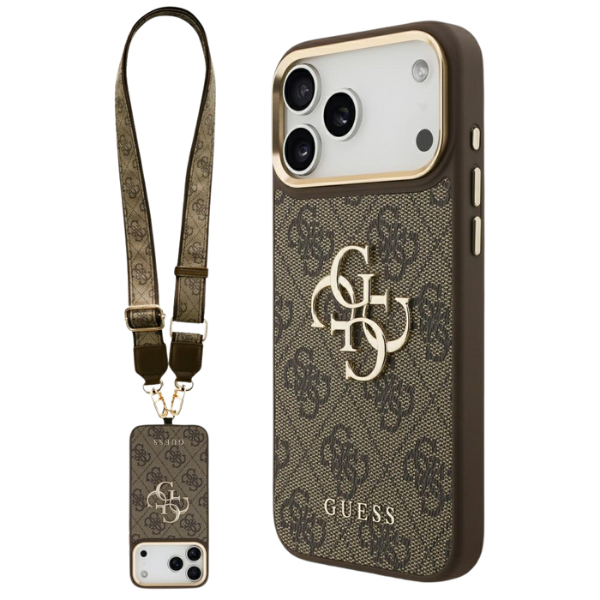 Guess 4G Big 4G Classic Logo Big Strap Metal Mygtukai dėklas skirtas Apple iPhone 17 Pro Max Brown aprašymas - Prekės nuotrauka