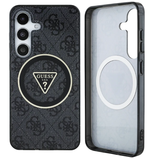 Guess 4G Glitter Triangle Mygtukai MagSafe Samsung Galaxy S25 dėklas telefonui juodos spalvos aprašymas - Prekės nuotrauka Guess 4G Glitter Triangle Mygtukai MagSafe Samsung Galaxy S25 dėklas telefonui juodos spalvos aprašymas - Prekės nuotrauka